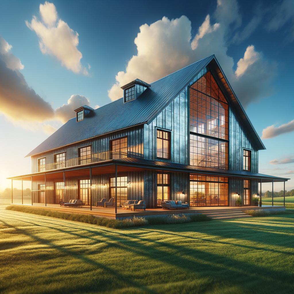 Stunning prefabricated steel barndominium nestled in a scenic countryside setting, ideal for country living