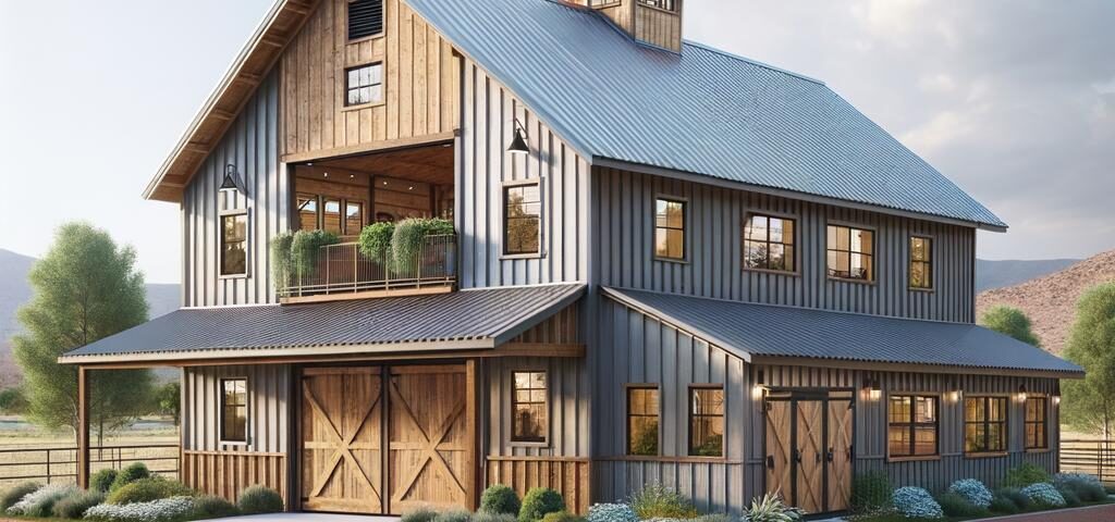 Exterior view of a Prescott Barndominium showcasing rustic architecture and modern amenities