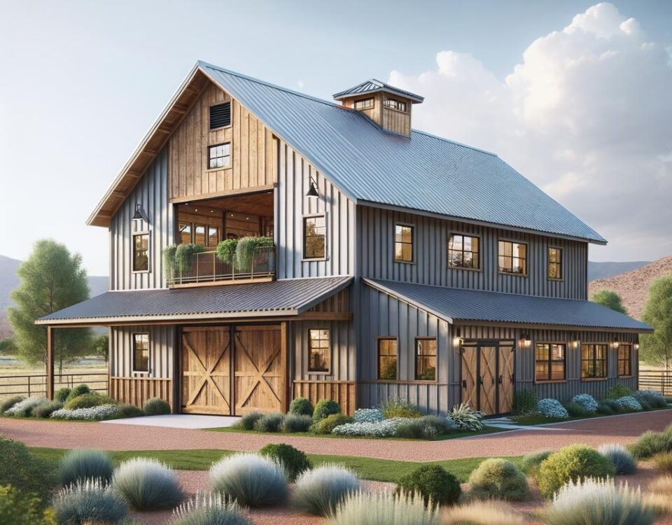 Exterior view of a Prescott Barndominium showcasing rustic architecture and modern amenities