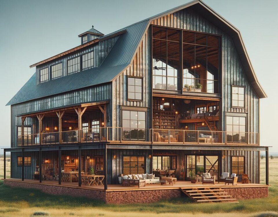 Modern Prescott Steel Barndominium with large windows and rustic charm, set against a beautiful landscape.