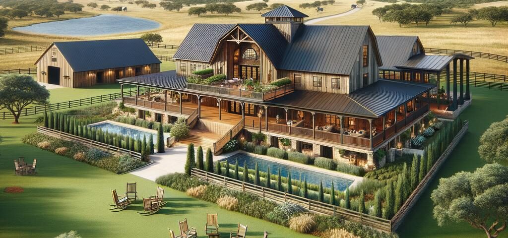 A stunning ranch style barndominium featuring rustic wood beams and modern finishes.