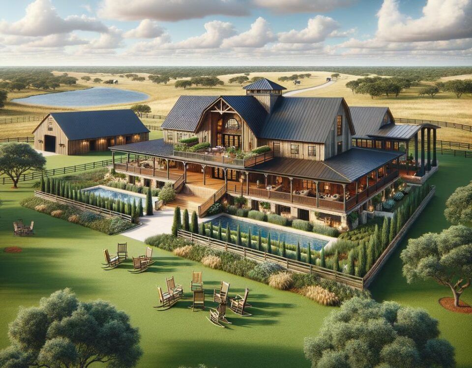 A stunning ranch style barndominium featuring rustic wood beams and modern finishes.