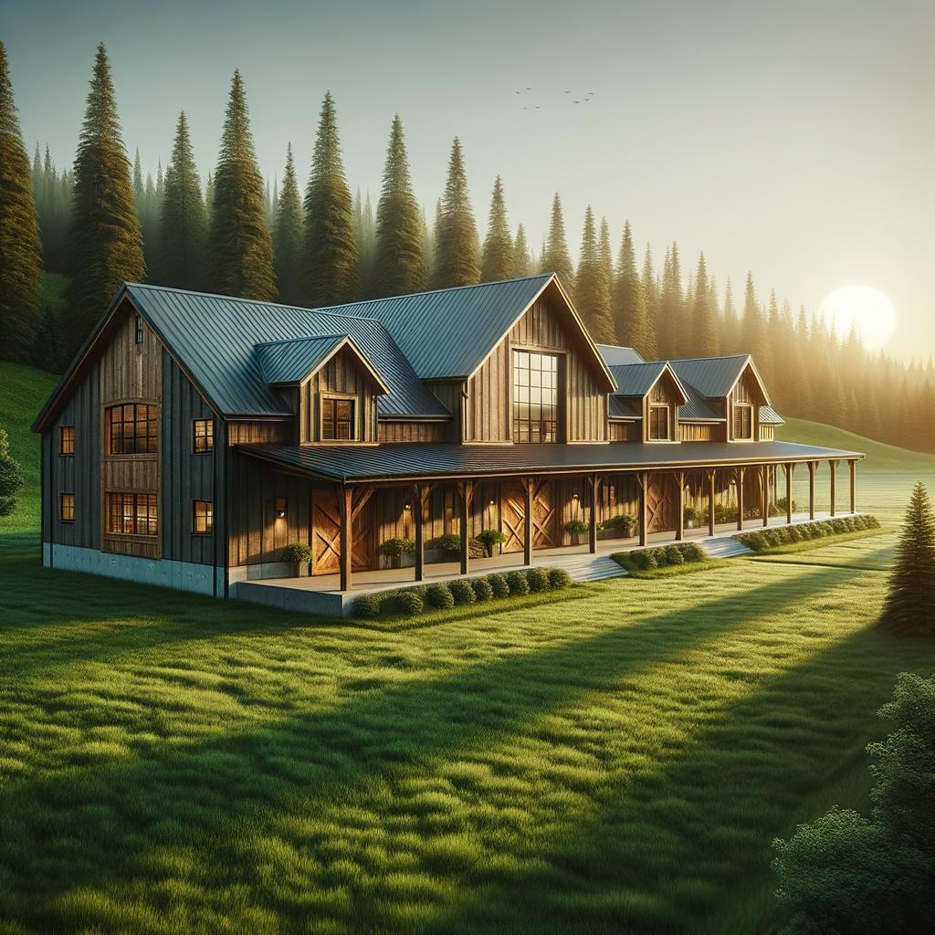 Exterior view of a ranch style barndominium set against a picturesque rural landscape