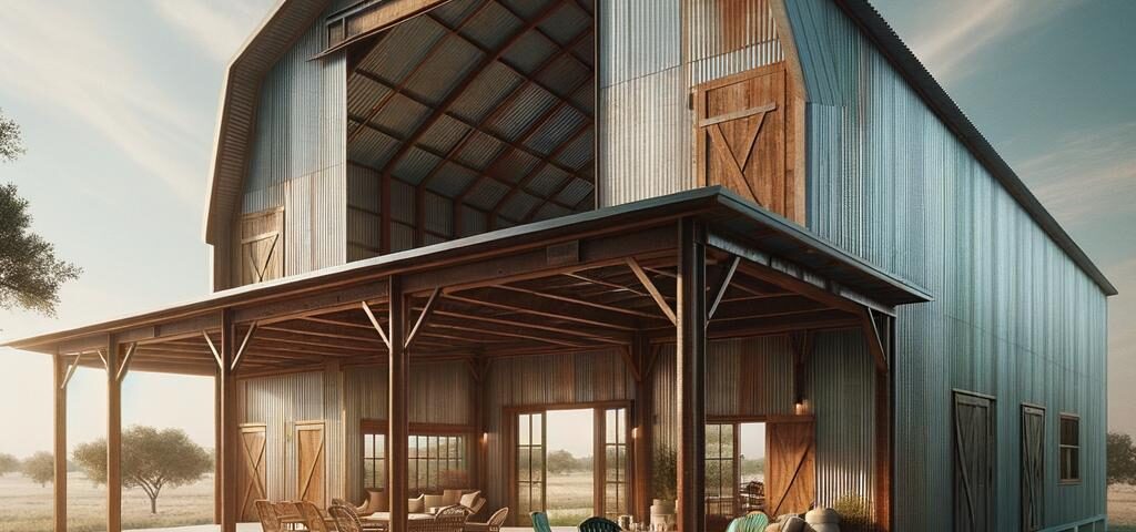 A scenic view of a ranch style steel barndominium with a spacious porch and surrounding landscape.