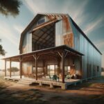 A scenic view of a ranch style steel barndominium with a spacious porch and surrounding landscape.