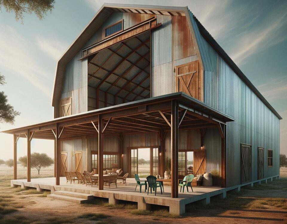 A scenic view of a ranch style steel barndominium with a spacious porch and surrounding landscape.