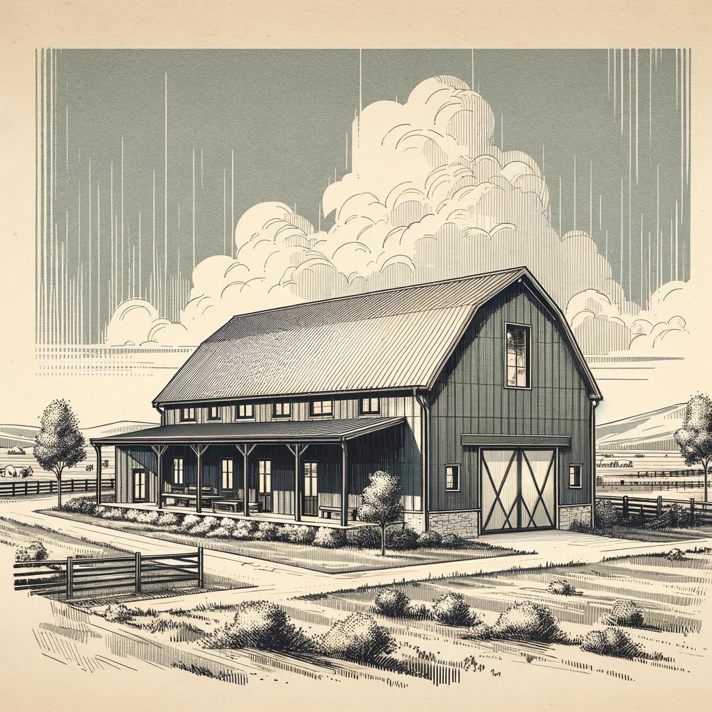 The exterior of a ranch style steel barndominium featuring modern design and rustic elements under a clear blue sky