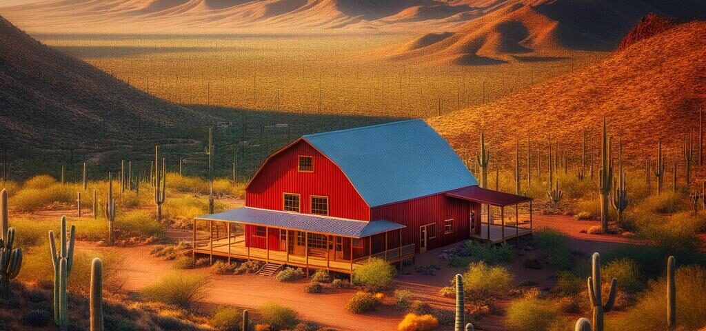 A stunning red iron steel barndominium in Arizona surrounded by desert landscapes and mountains.
