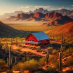 A stunning red iron steel barndominium in Arizona surrounded by desert landscapes and mountains.