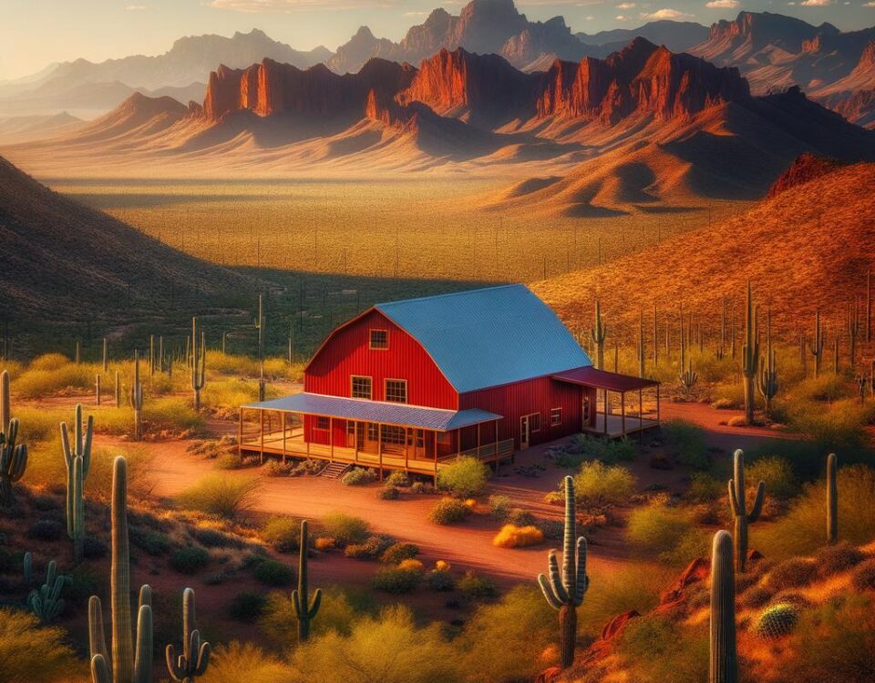 A stunning red iron steel barndominium in Arizona surrounded by desert landscapes and mountains.
