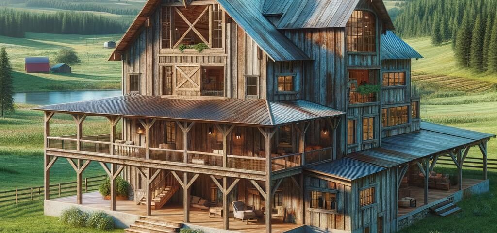A charming rustic barndominium surrounded by lush greenery and a serene landscape.