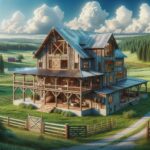 A charming rustic barndominium surrounded by lush greenery and a serene landscape.