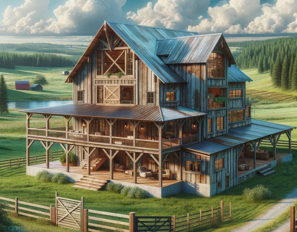A charming rustic barndominium surrounded by lush greenery and a serene landscape.
