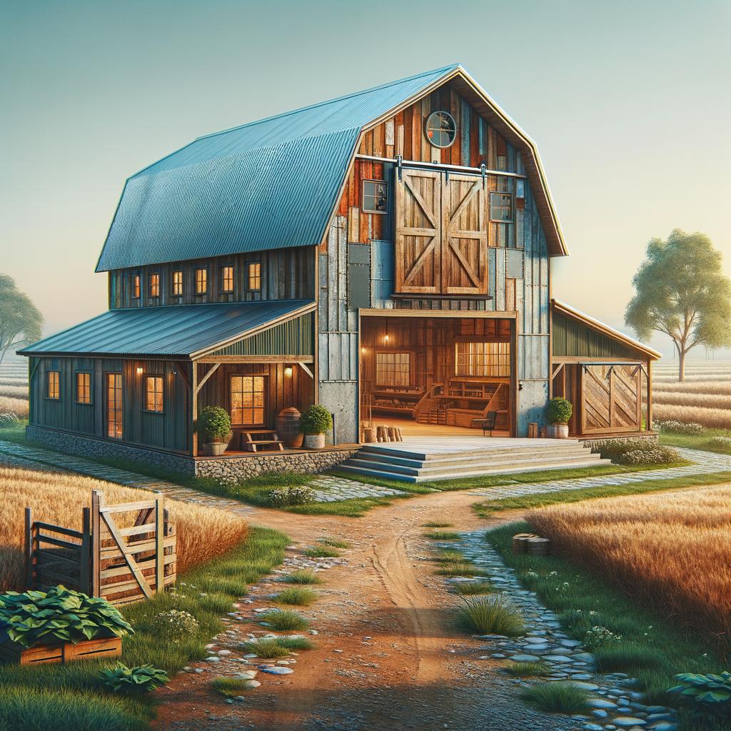 Cozy rustic barndominium showcasing wooden beams and spacious interiors in a picturesque setting