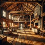 A cozy rustic barndominium interior featuring exposed wood beams and warm, inviting decor.