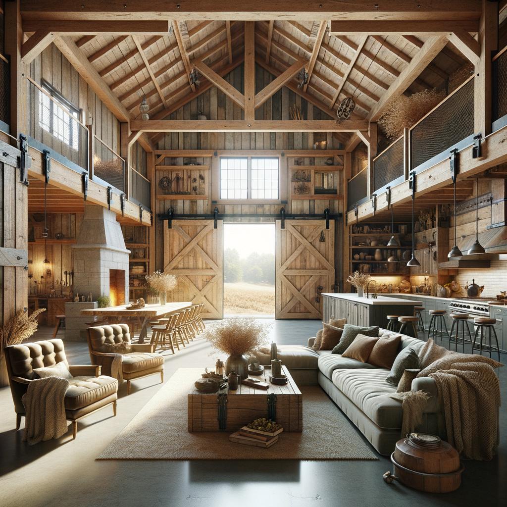 The rustic barndominium interior showcases a blend of farmhouse charm and modern comforts
