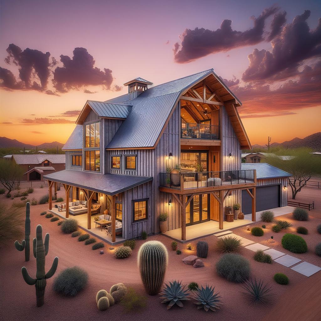 Scenic view showcasing a Scottsdale barndominium surrounded by desert landscape and stunning mountain backdrop.