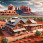 Beautiful Sedona barndominium surrounded by stunning red rock formations and lush desert landscape.