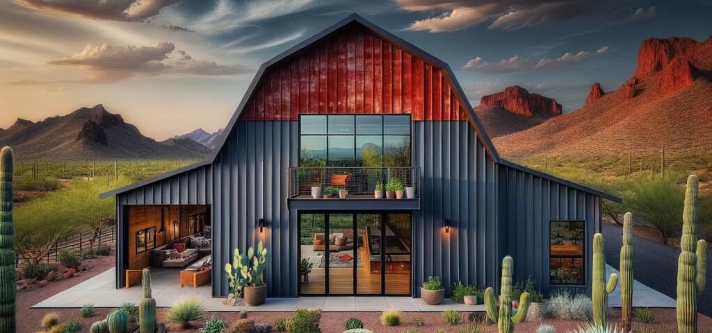 A stunning steel barndominium in Arizona featuring modern design and scenic desert views.