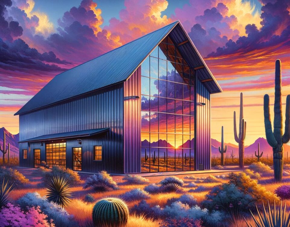Stylish steel building barndominium in Arizona showcasing modern design and spacious living areas.