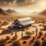 Exterior view of a modern Tucson barndominium showcasing rustic design and vibrant desert landscape.