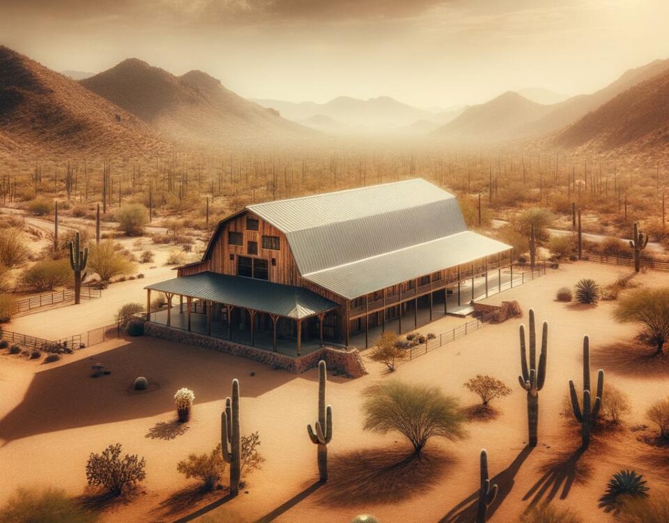 Exterior view of a modern Tucson barndominium showcasing rustic design and vibrant desert landscape.