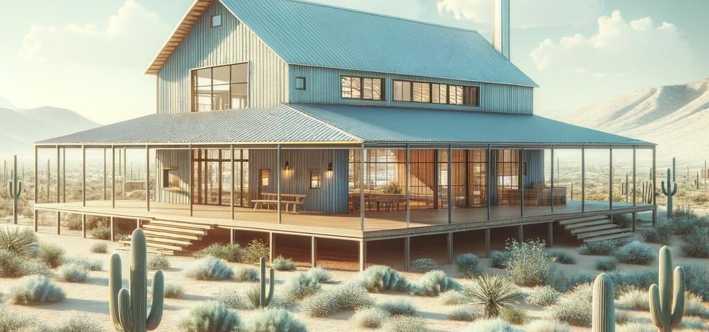 Exterior view of a beautiful Yuma barndominium with rustic charm and modern amenities.