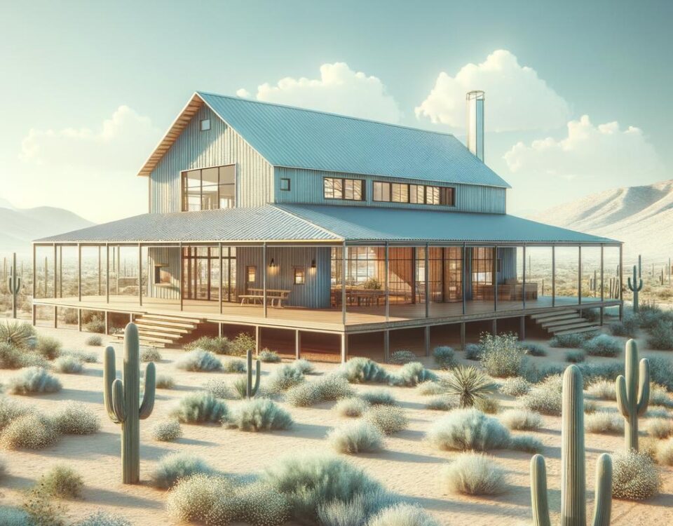 Exterior view of a beautiful Yuma barndominium with rustic charm and modern amenities.